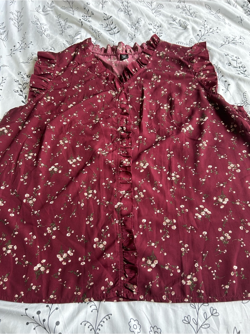 SHEIN Rose Floral Ruffle Blouse in Burgundy